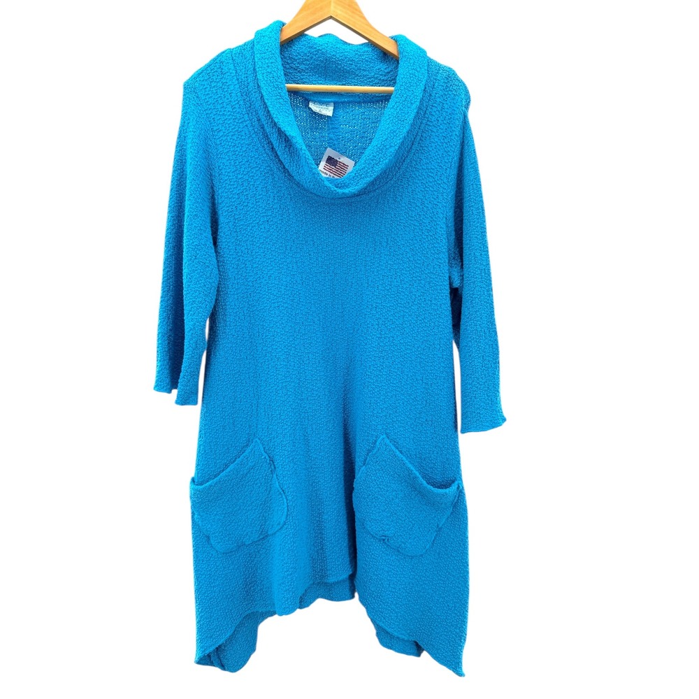 CMC By Color Me Cotton Blue Textured Knit Cowl Neck Asymmetrical Tunic Dress‎ L